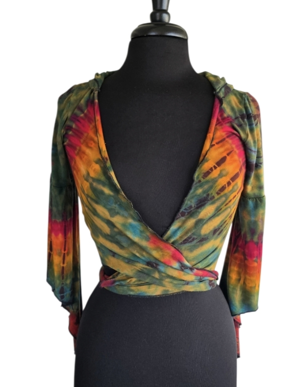 Kathmandu Yoga Babe Tie-Dye Wrap Blouse in Green, Yellow, Pink Stretchy OS? XS